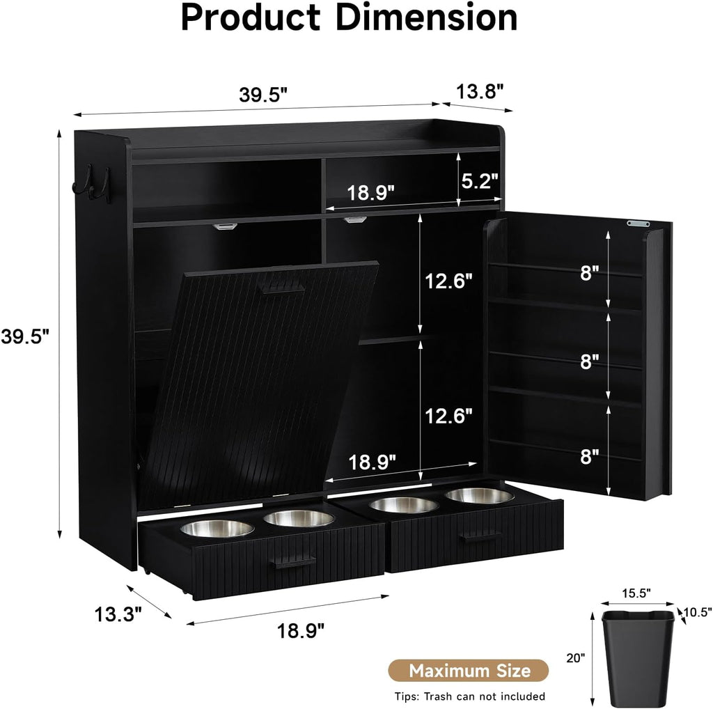 Tilt-Out Trash Can Cabinet with Storage, Dog Feeding Station, Black