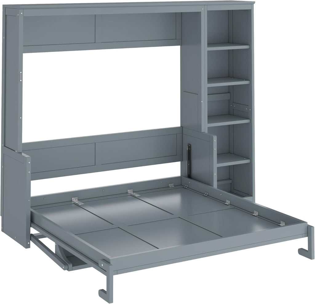 Queen Murphy Bed with Desk and Storage Shelves,Wood Hideaway Murphy Wall Bed with Storage Bookcase for Adults (Grey)