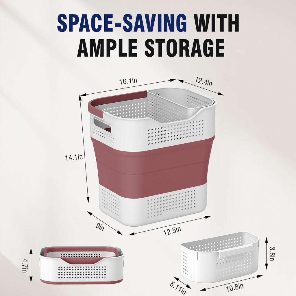 Collapsible Plastic Laundry Basket Hamper with Handles, 35L Portable Rubber Clothes Basket, Pop Up Storage