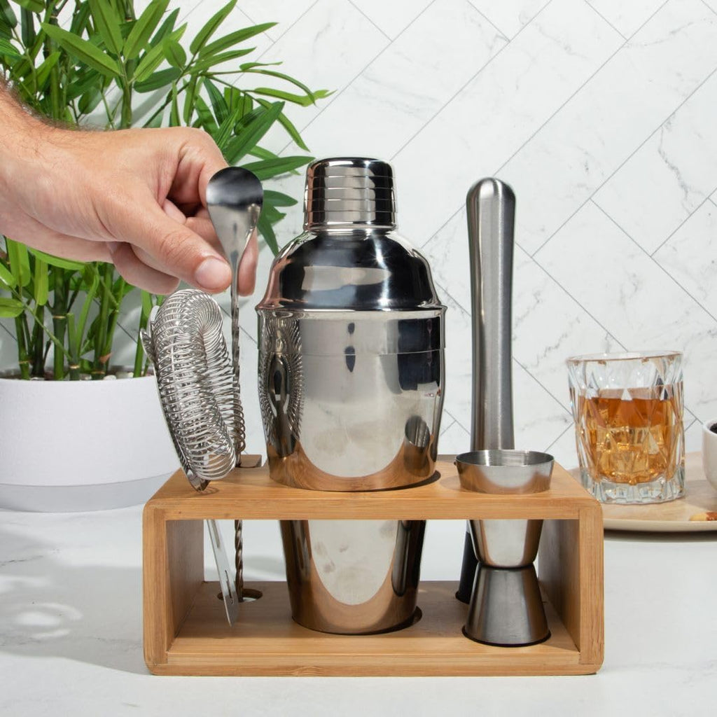 Premium Cocktail Shaker Set with Bamboo Stand, 4-Piece Bar Tools Kit, Stainless Steel Bartender Set with Shaker - Set of 4