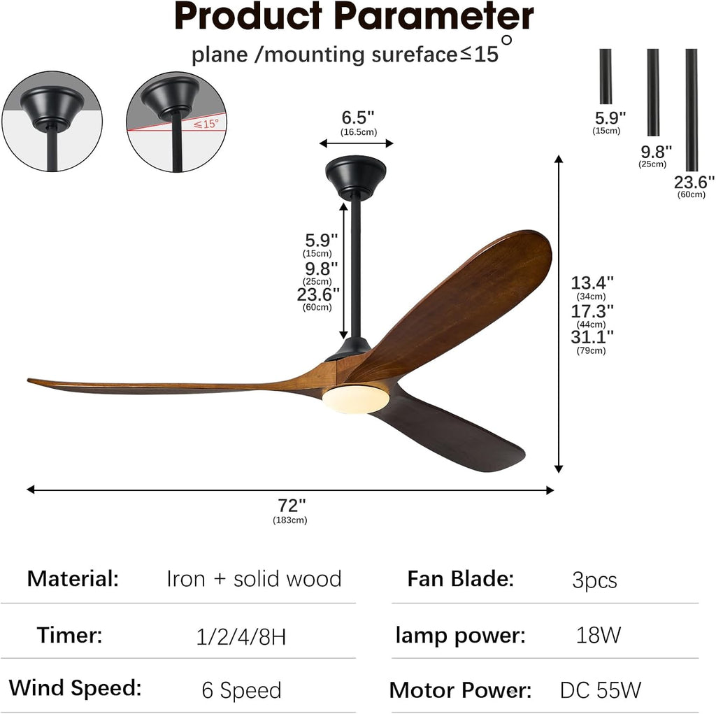 Inspired Maverick Style 72" Ceiling Fan with Lights and Remote, App Control, 3 Solid Wood Fan Blades, Dimmable LED, 6