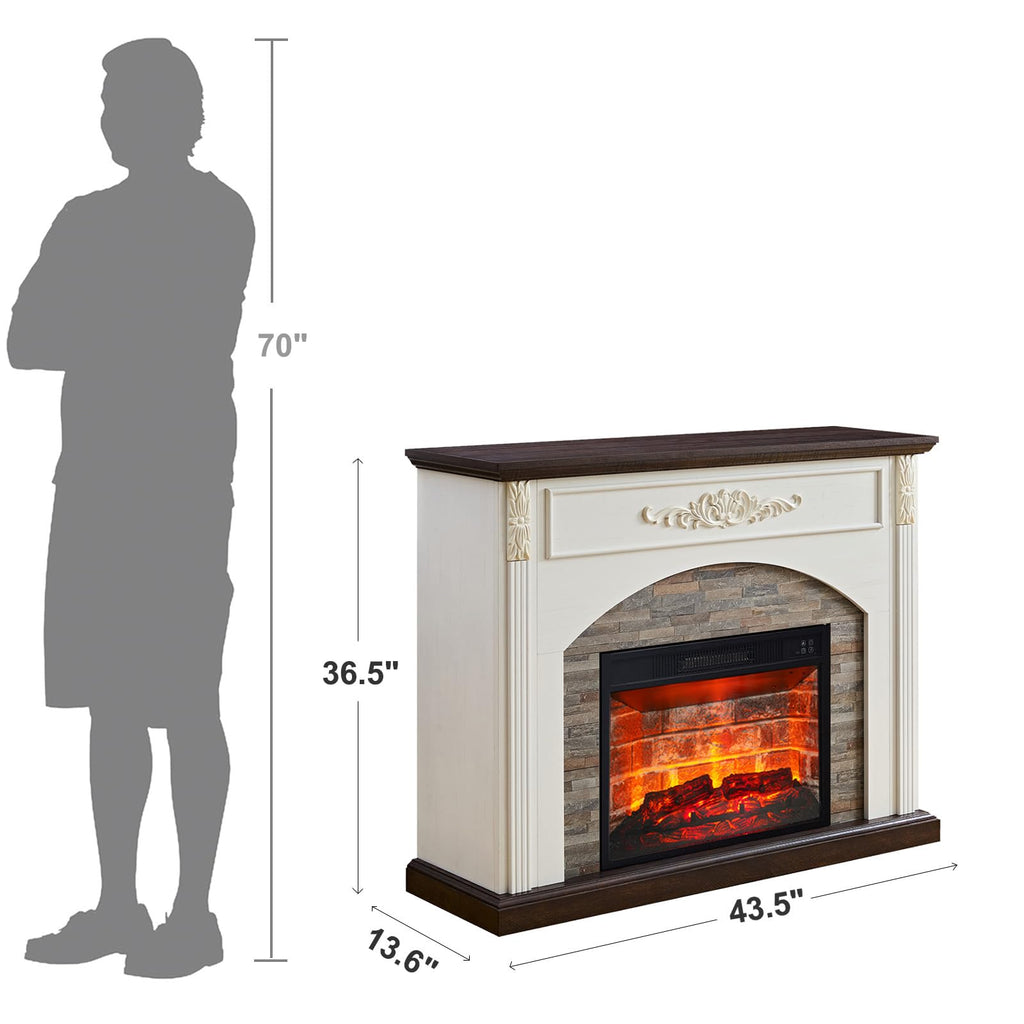 44Inch Electric Fireplace with Mantel, White Fireplace Heater with LED Flame, Corner Firebox with 23" Red Brick Firep