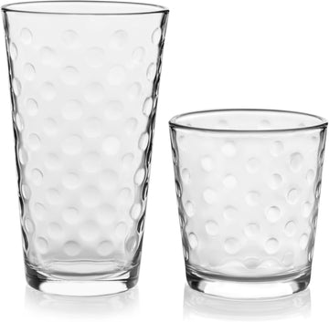 Awa Tumbler and Rock Glasses Drinking Set, Elegant Polka Dot Drinking Glasses Set of 16, All Purpose Glass Cups Set