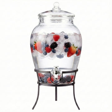 Glass Beverage Drink Dispenser with Metal Rack Stand, 2.64 Gal