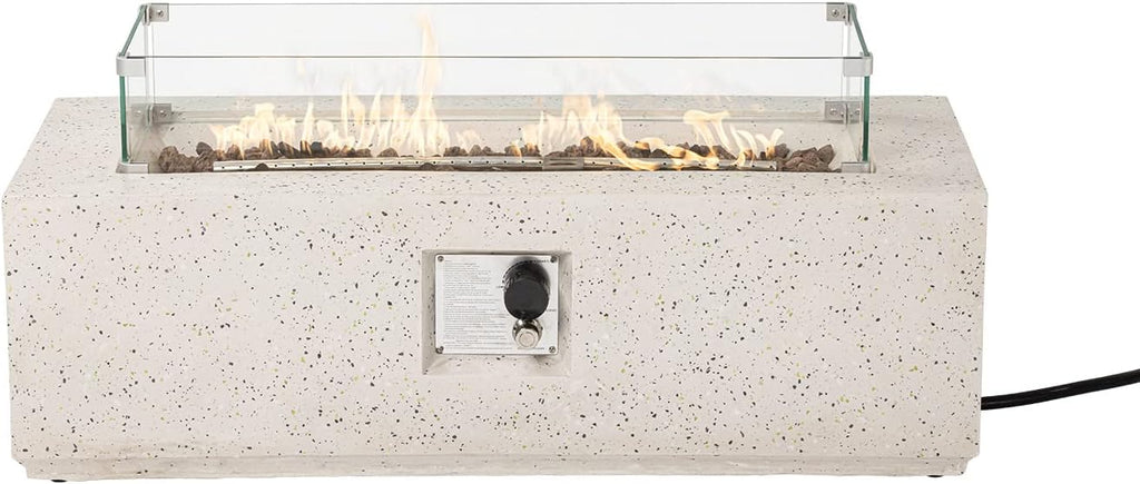 Outdoor Propane Fire Pit Coffee Table, 42-inch x 13-inch Terrazzo Rectangle Base Patio Heater w Certified