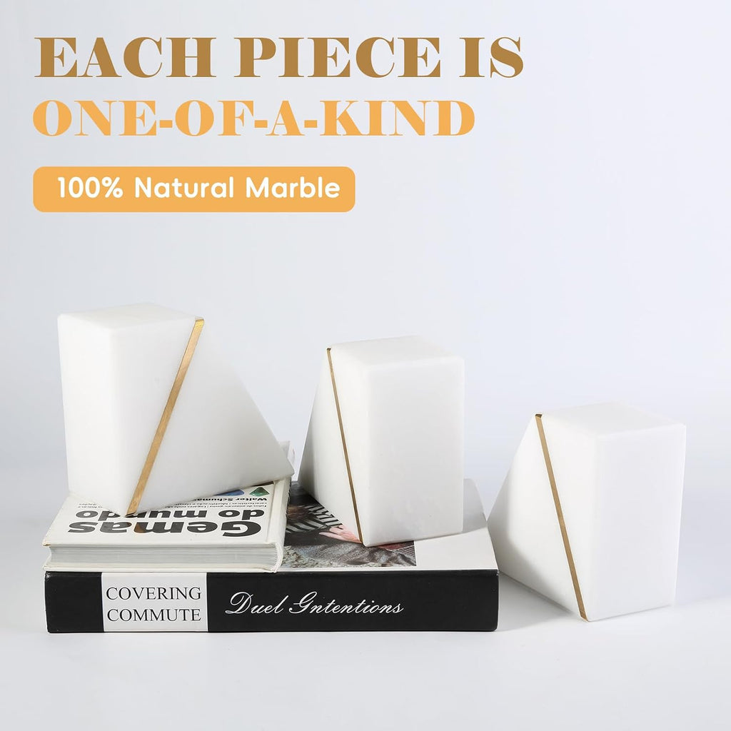 Natural Marble Bookends for Shelves, Decorative Book Ends for Heavy Books, Heavy Duty Mid Century Modern White and