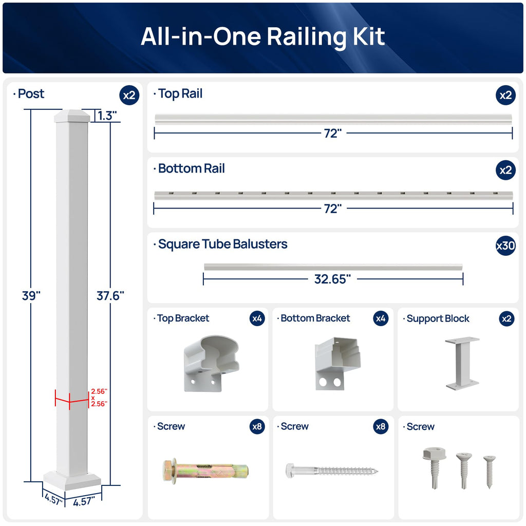 36 in x 6 ft Modular Aluminum Porch and Deck Railing Kit, White