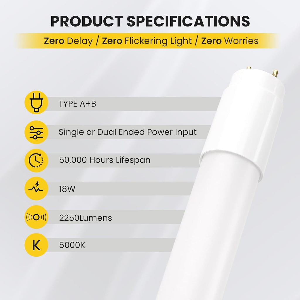 25 Pack 4FT LED T8 Type A+B Light Tube, 18W, Plug & Play or Ballast Bypass, 2250LM, 5000K, Single or Double End Power