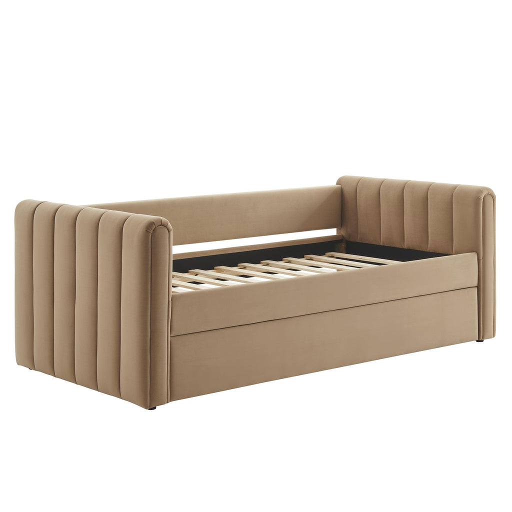 Veyla Twin Size Performance Velvet Daybed in Taupe with Trundle - Channel Tufted Upholstered Sofa Bed with Wood Slat