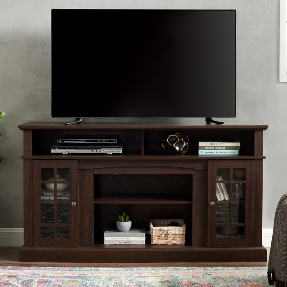 Traditional 58'' TV Console, Entertainment Center Table with Open Shelves and Farmhouse Glass Door Media TV Cabinet