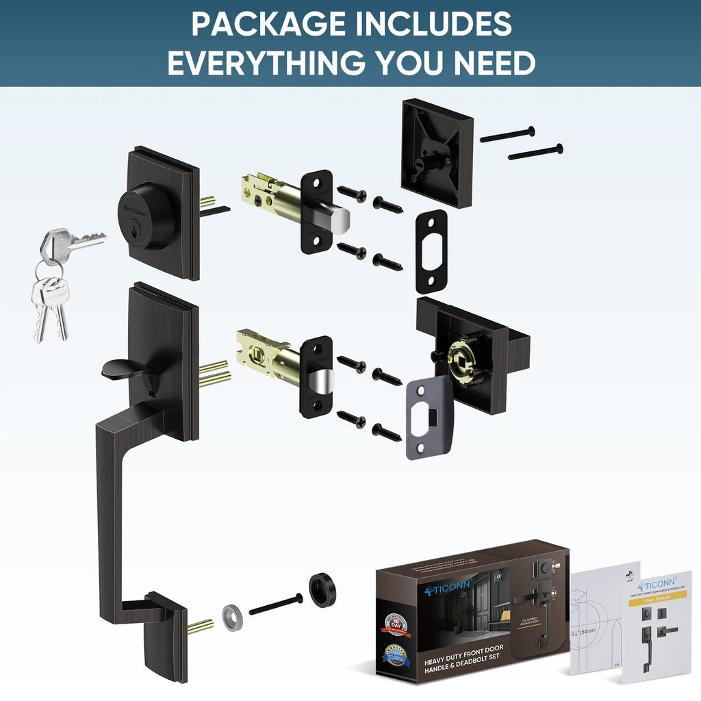 Front Door Handle Set, Heavy Duty Square Door Lever & Single Cylinder Deadbolt Combo Reversible for Entrance Exterior
