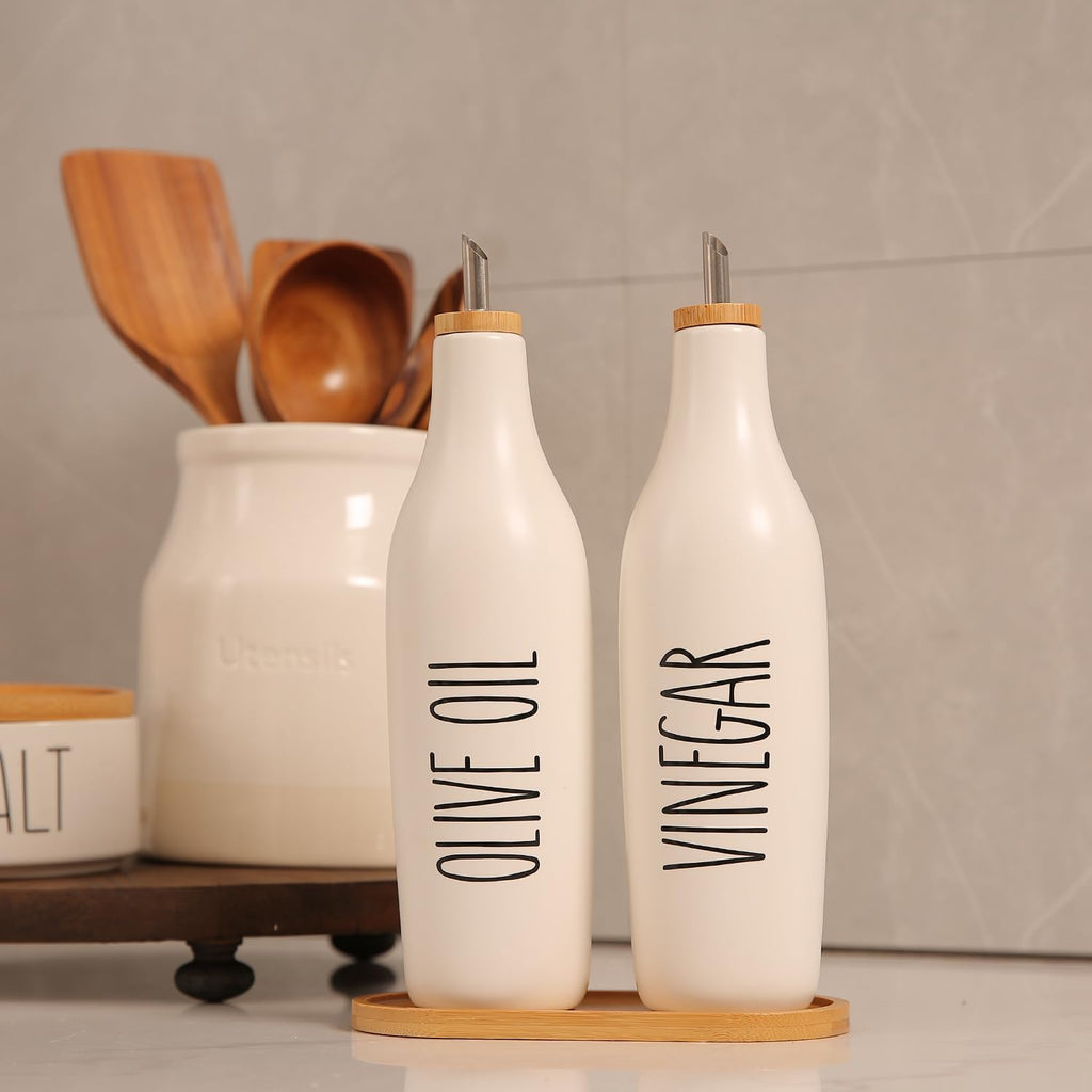Olive Oil and Vinegar Dispenser Set, 16oz Ceramic Oil Dispenser Dispenser Bottle for EVOO Vinegar Syrups, Modern - Set of 2