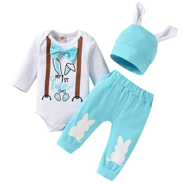 My First Easter Outfit Preemie Newborn Infant Baby Boy Long Sleeve Bow Tie Romper Bunny Pants Sets with Hat 1st