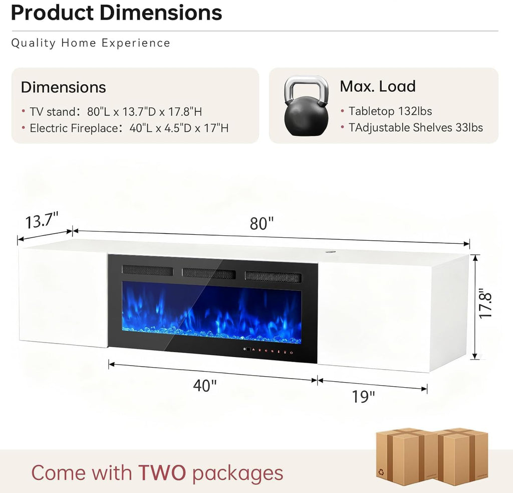 80'' Floating TV Stand with 40" Electric Fireplace, Wall Mounted Entertainment Center with Storage for TVs up to 90"