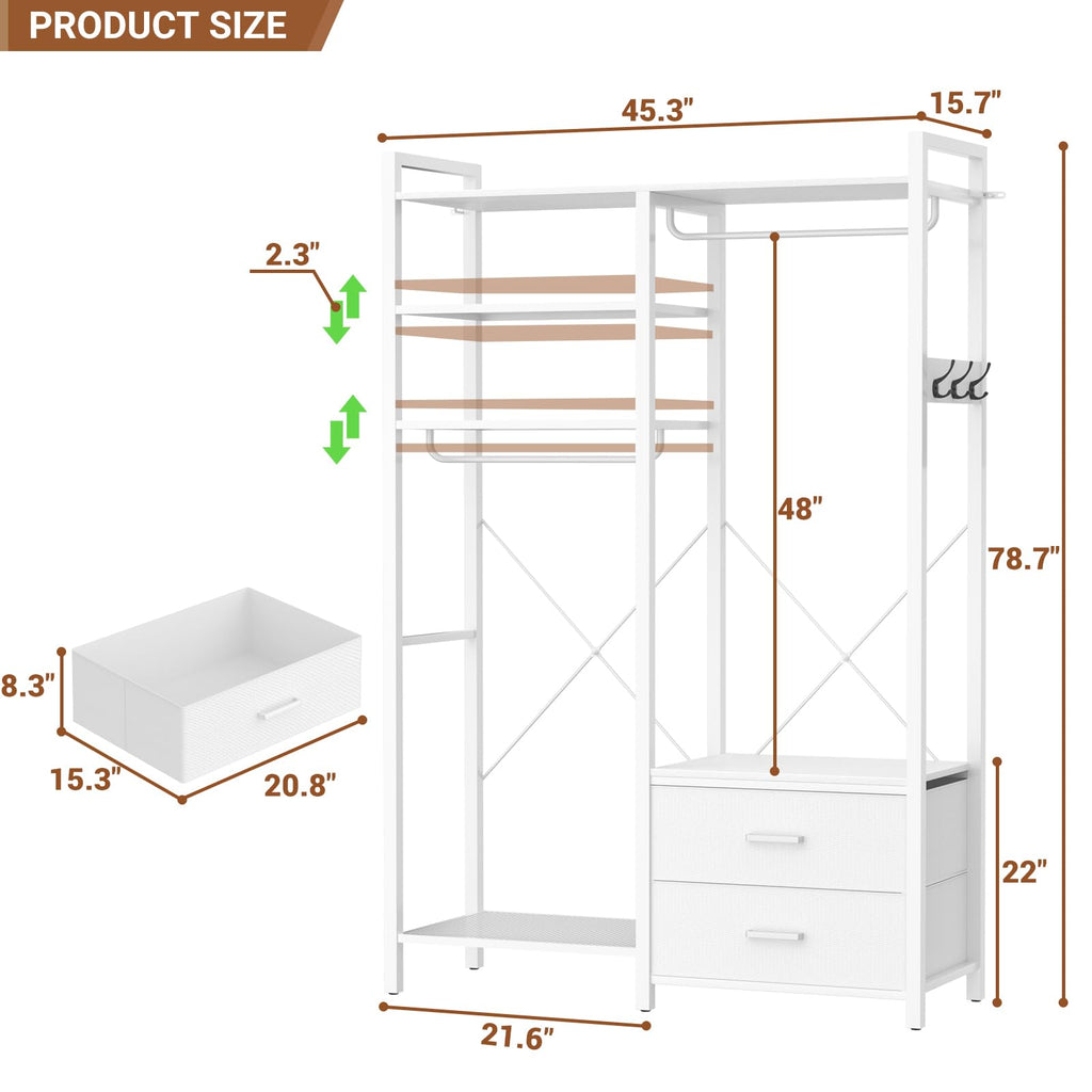 78.7'' Clothes Rack for Hanging Clothes - Reversible Clothing Rack with 2 Drawers, Heavy Duty Garment Racks with