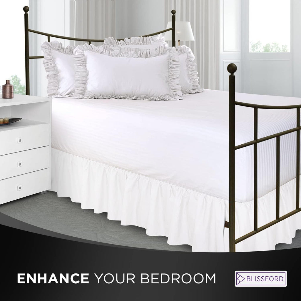 White Bed Skirt Queen Size 14 inch Drop - with Split Corners - Cotton Blend Ruffled Bed Skirt, Dust Ruffle for Queen
