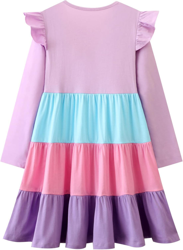 Girls Long Sleeve Dress Cotton Rainbow Color Block Tiered Twirly