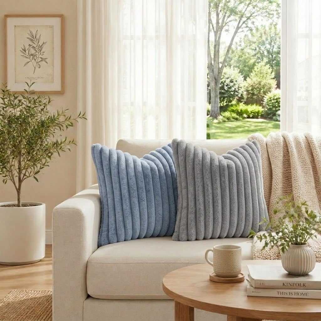 Christmas Striped Grey Blue Throw Pillow Covers 26x26 Set of 2