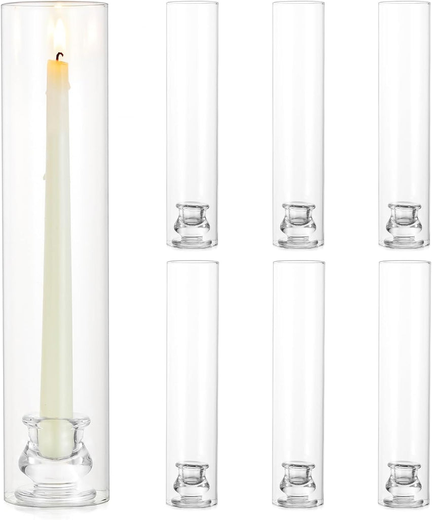 Hurricane Glass Candle Holders: 12" Tall Cylinder Cover Set of 6 | for 0.87" Taper, Windproof Chimney Cover, Clear