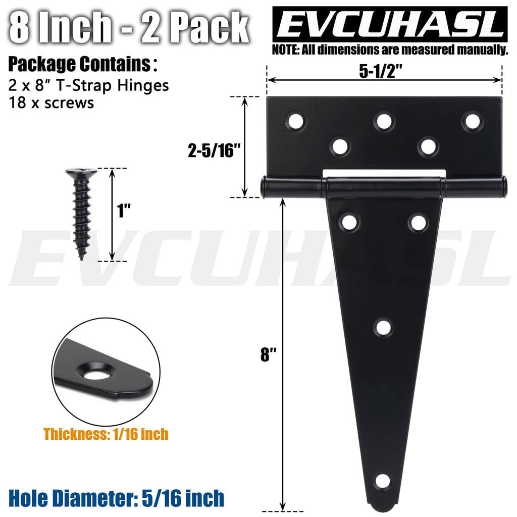 8 Inch T-Strap Gate Hinges, Shed Barn Door Hinges Heavy Duty, Black Tee Hinges for Wooden Fences, Yard Gate, Wrought