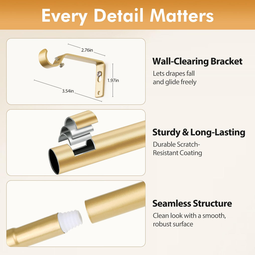 Gold Curtain Rod for Windows, 32 to 115 Inch, Modern Cap Finials