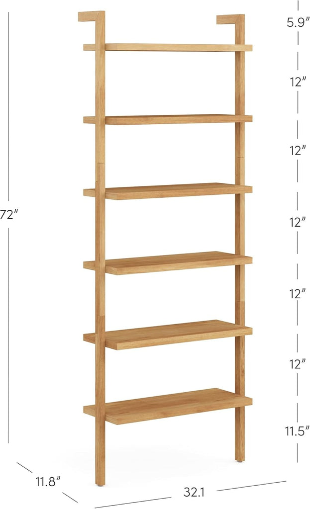 Beacon Scandinavian 6-Shelf Wooden Wall Mounted Bookcase, Rustic Solid Wood Bookshelf, Warm Pine