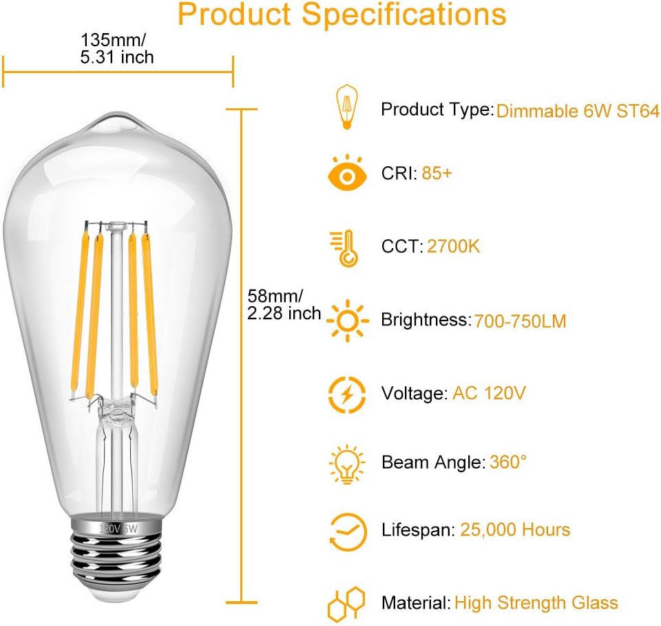 12 Pack Dimmable Vintage LED Edison Bulb, 6W Equivalent 60W LED Edison Bulb Warm White 2700K Antique Led Vintage