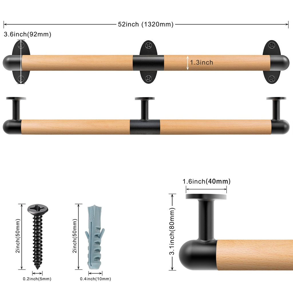 52 Inch Wood Handrail Indoor Stairs Handrail Wall Mount Handrail