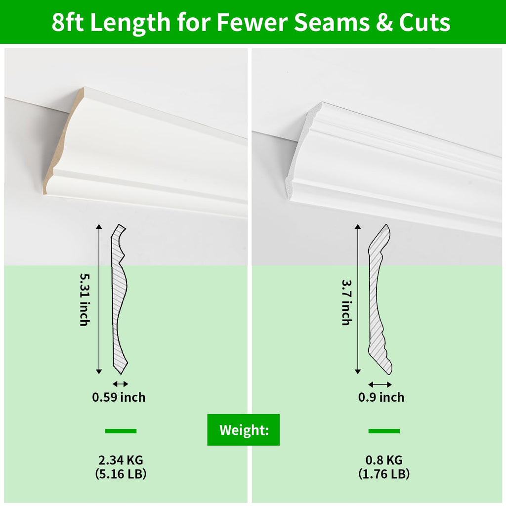 8 Pack, 8 ft Each (64 ft Total) High Impact PS Ceiling Crown Molding, Wall Molding Trim, Lightweight, Paintable