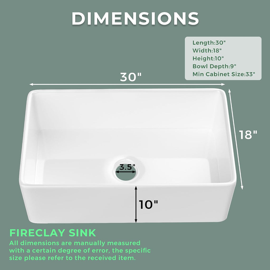 Fireclay Farmhouse Sink 30 x 18 Inch White Apron Front Kitchen Sink | Farm Sink for Laundry,Kitchen, Heavy Duty