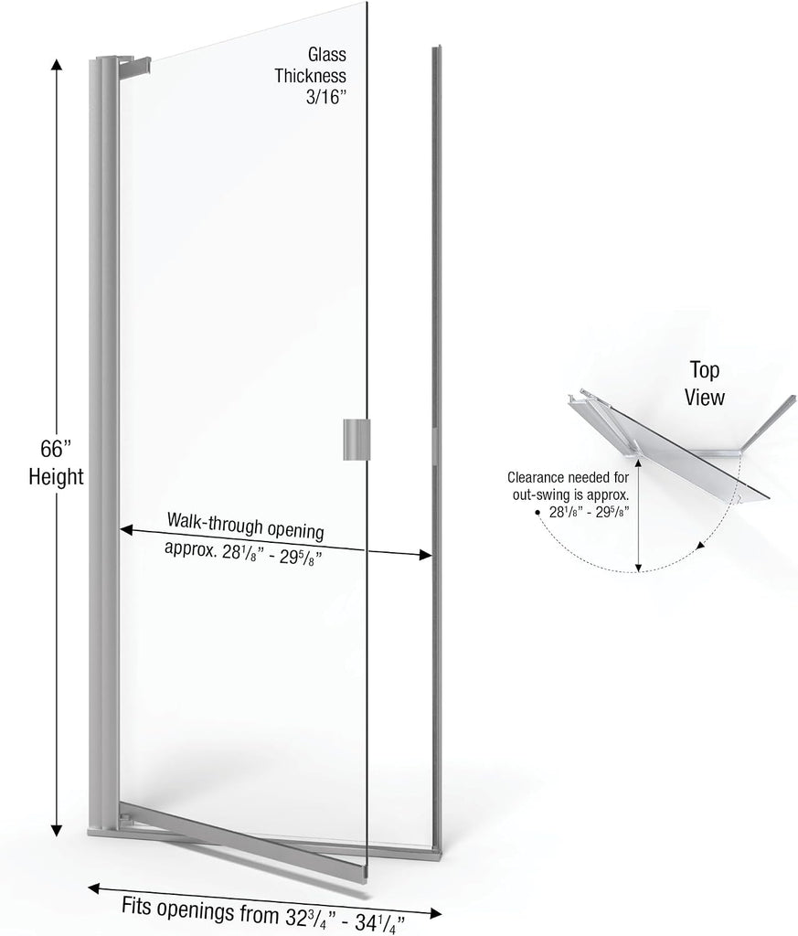 Armon 32.75 to 34.25 in. width, Semi-Frameless Pivot Shower Door, Clear Glass, Brushed Nickel Finish