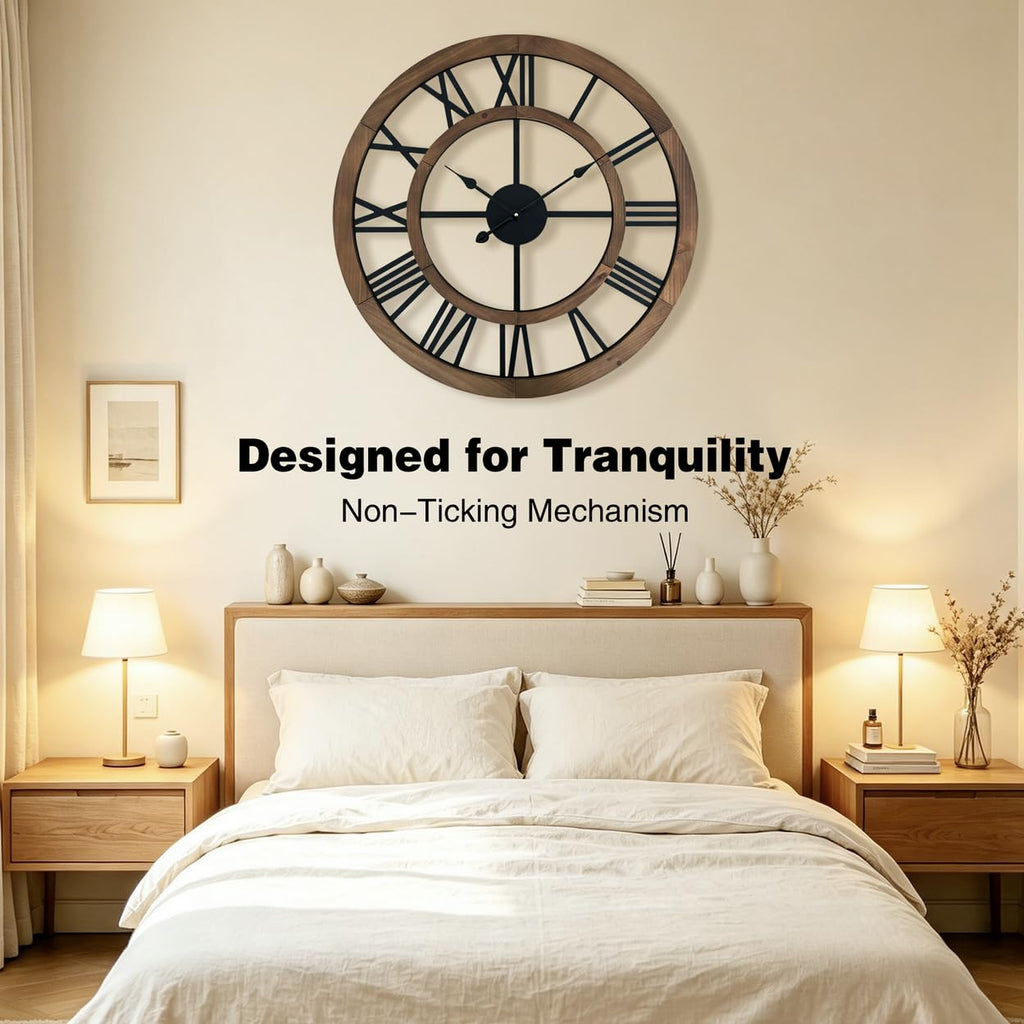 30 Inch Oversized Rustic Wall Clock Silent Non-Ticking Wooden Wall Clocks with Roman Numerals Farmhouse Decorative