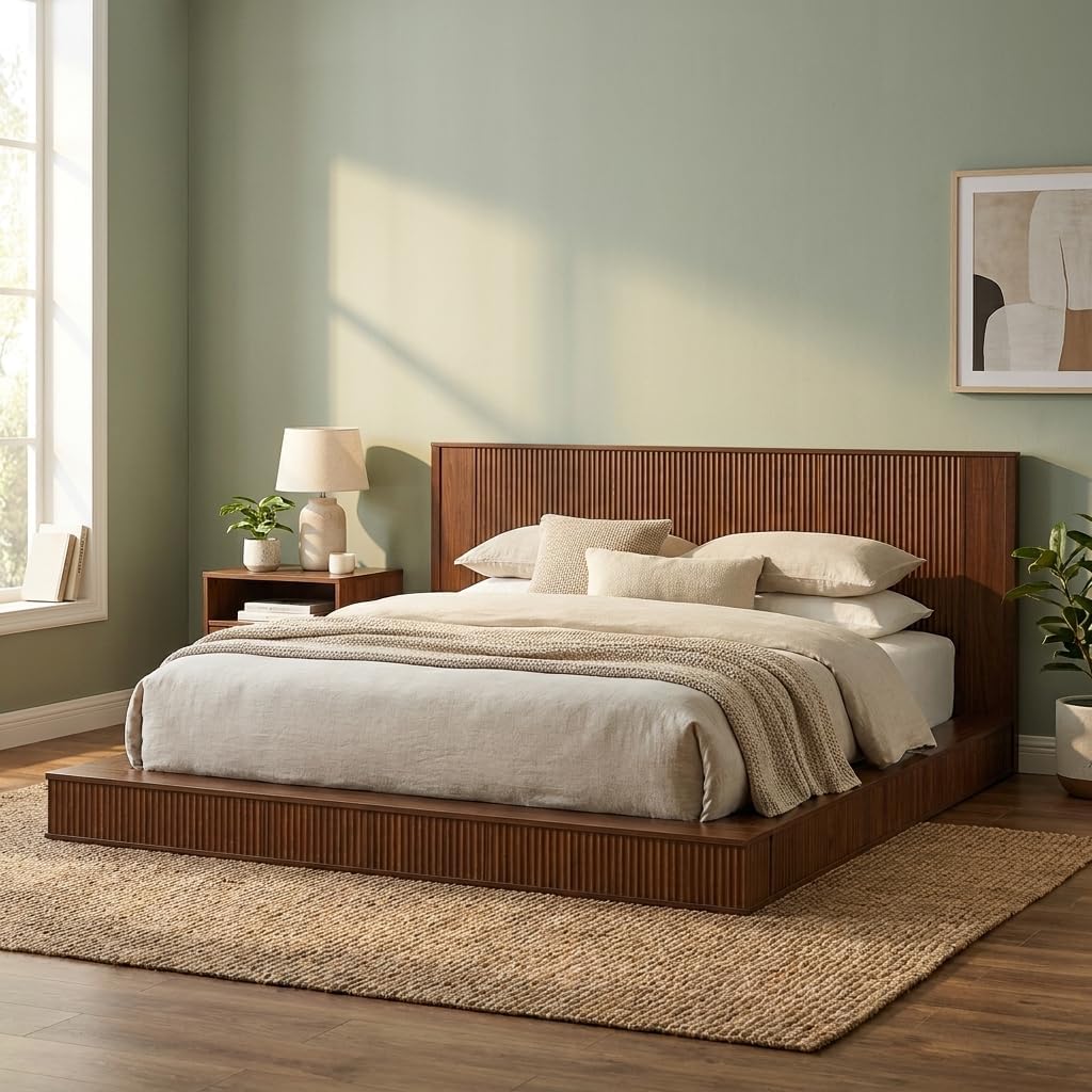 Solid Walnut Wood Platform Bed Frame King Size Japanese Joinery