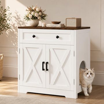 Cat Litter Box Enclosure with Storage Drawers, White