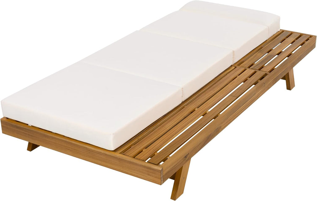 Wood Chaise Lounge with 4'' Four-Folds Cushion, Outdoor 79'' Patio Recliner Chair with 4-Position Adjustable