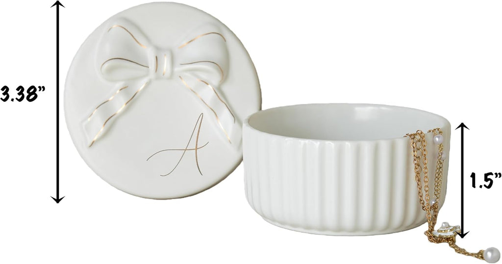 Ceramic Jewelry Box with Bow, Nightstand Vanity Decor(A)