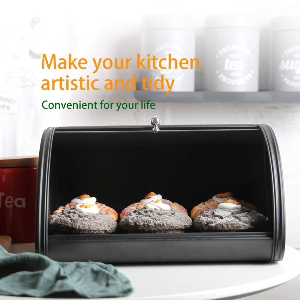 Bread Box - X458 Black Metal /Bin/kitchen Storage Containers with Roll Top Lid (Black)