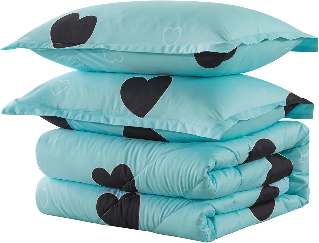 Love Pattern Girls Comforter Set Full, Sky Blue Cute Love Heart Print Comforter Bedding Set for All Seasons