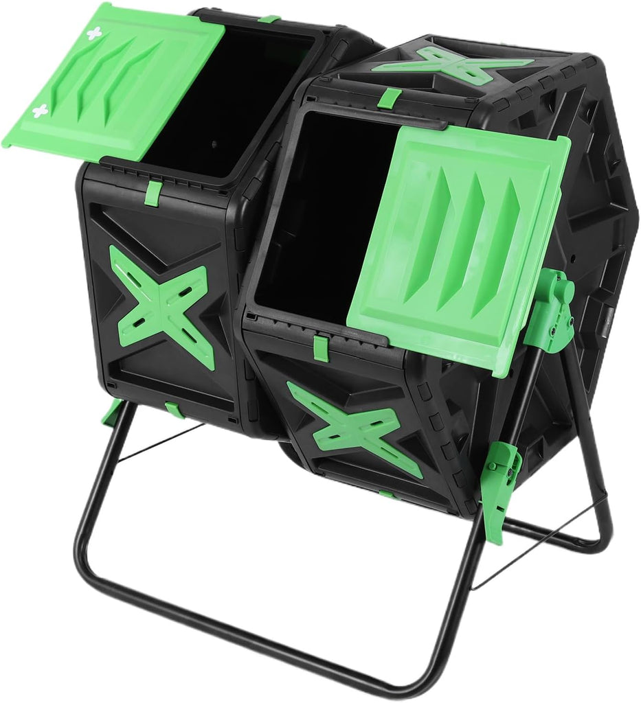 140L Dual Chamber Outdoor Tumbling Composting Bins with Sliding Door 360 | Large Compost Bin with Rotating Dual