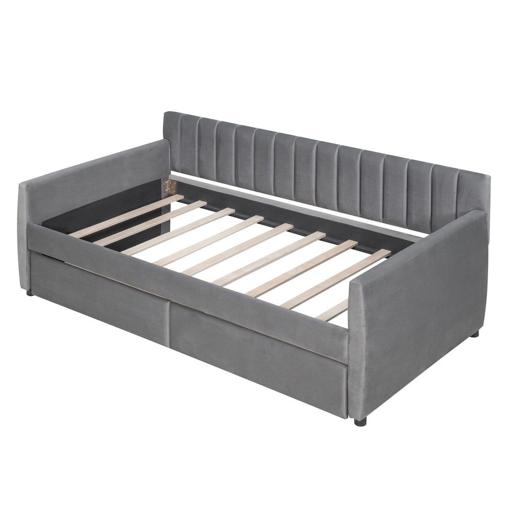 Upholstered daybed with Drawers, Wood Slat Support, Twin Size Upholstered Frame Sofa Bed, Gray