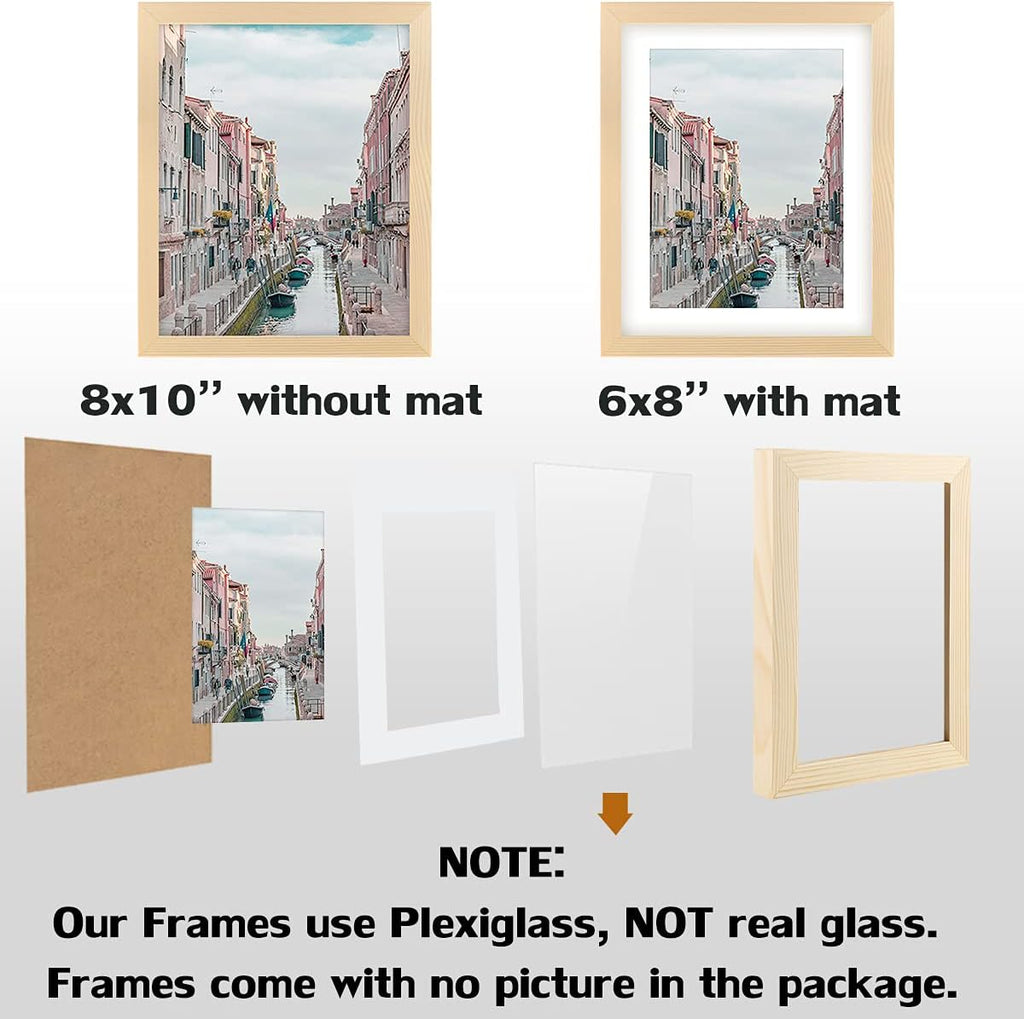 8x10 Picture Frames Solid Wood 6x8 Photo Frame with Mat Grain 6 Pack | Wall and Tabletop Display, Shatterproof