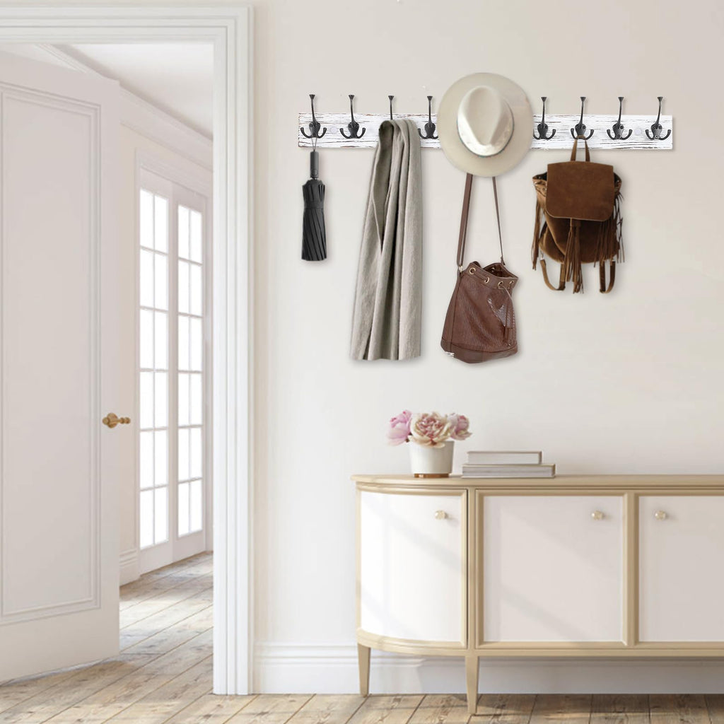 Vintage White Wall Mounted Coat Rack, 34" Long with 10 Tri-Hooks
