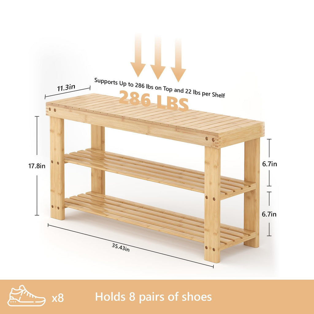 Shoe Rack Bench, 3-Tier Bamboo Shoe Organizer, Wooden Entryway Storage Bench, 286 lb Load Capacity, 11.2x35.5x17.9