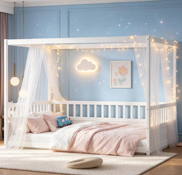 Canopy BedFrame, Wood Montessori House Floor Bed, Canopy Platform Bed for Kids, White no slats