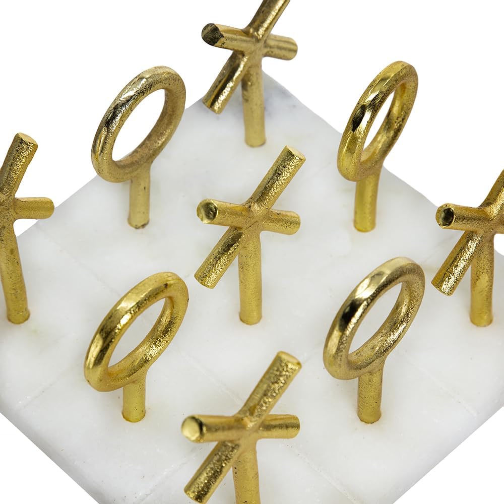 6.4" Banswara Marble Tic Tac Toe Game Set w/Gold Metal Pieces Luxury Decor