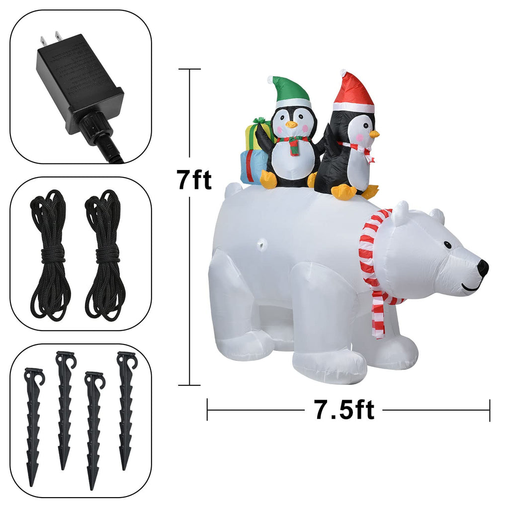 Lighted Inflatable Polar Bear Christmas Outdoor Decoration Clearance - 7ft Blow Up Polar Bear with Santa Penguin and