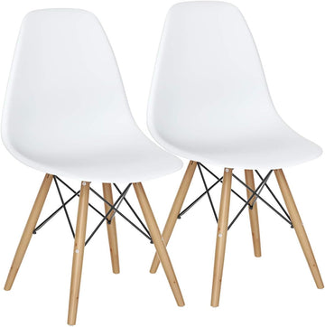 Dining Chairs Set of 2 White, Pre Assembled Mid Century Modern Dining Chairs with Wood Legs, Armless Kitchen Chairs
