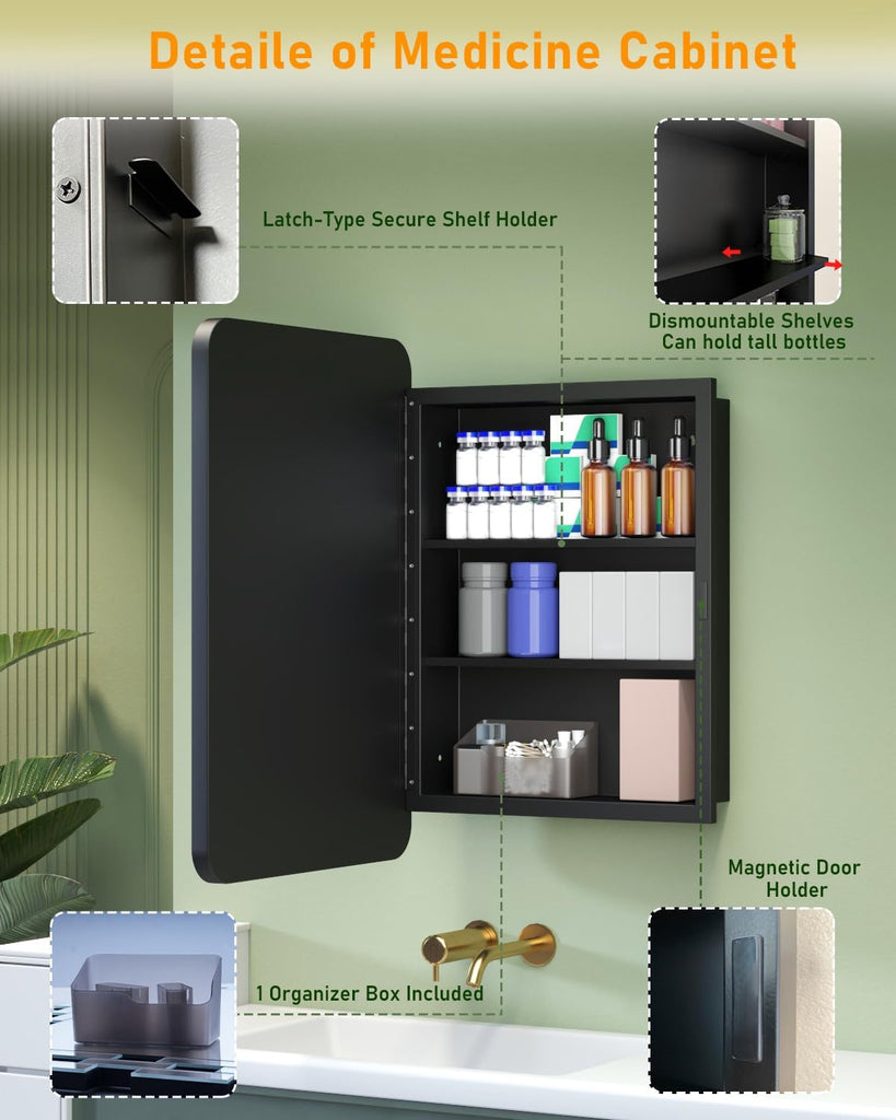 16"x24" Black Medicine Cabinet Mirror , Reversible Installation | Surface & Recessed Mount Medicine Cabinet Mirror