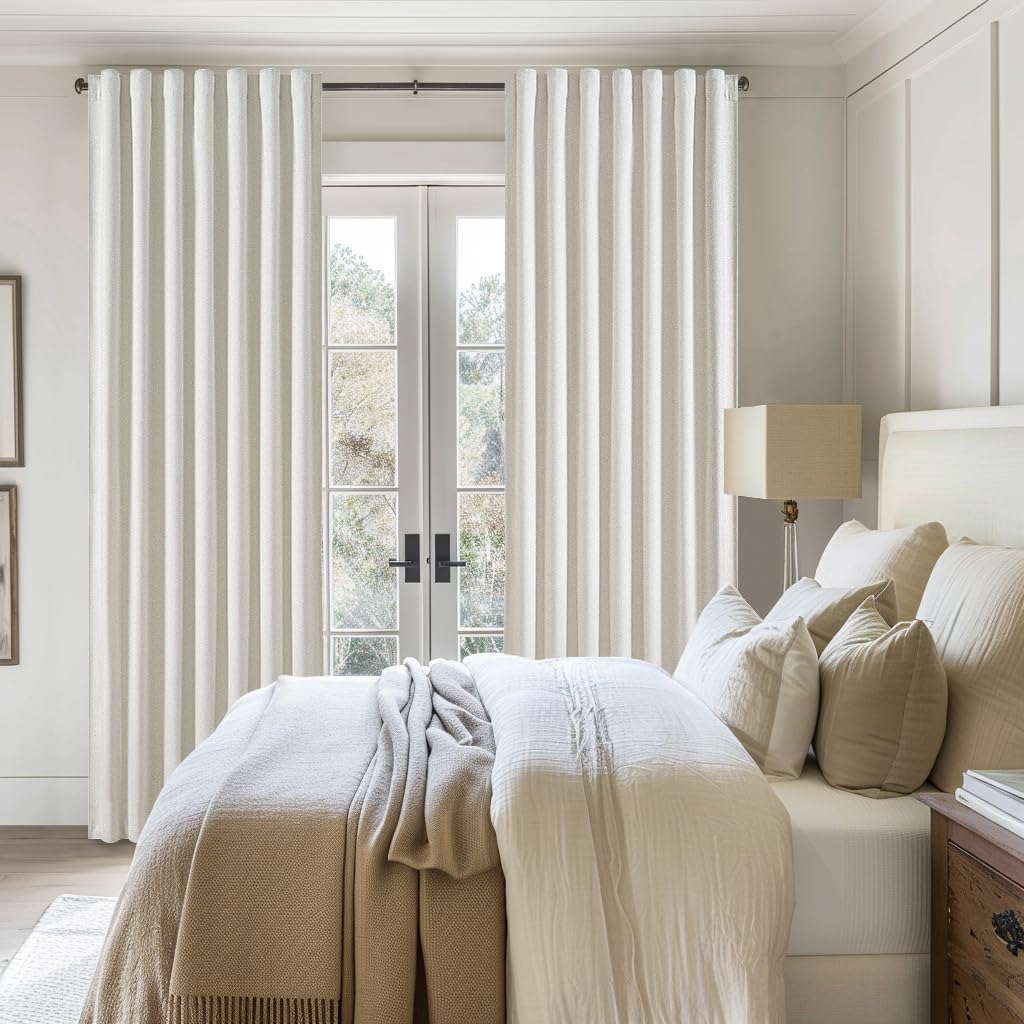 Pleated Beige White Curtains 94 Inches Long 2 Panels Burg, Energy Efficient Decorative Total Blackout Curtain Wide