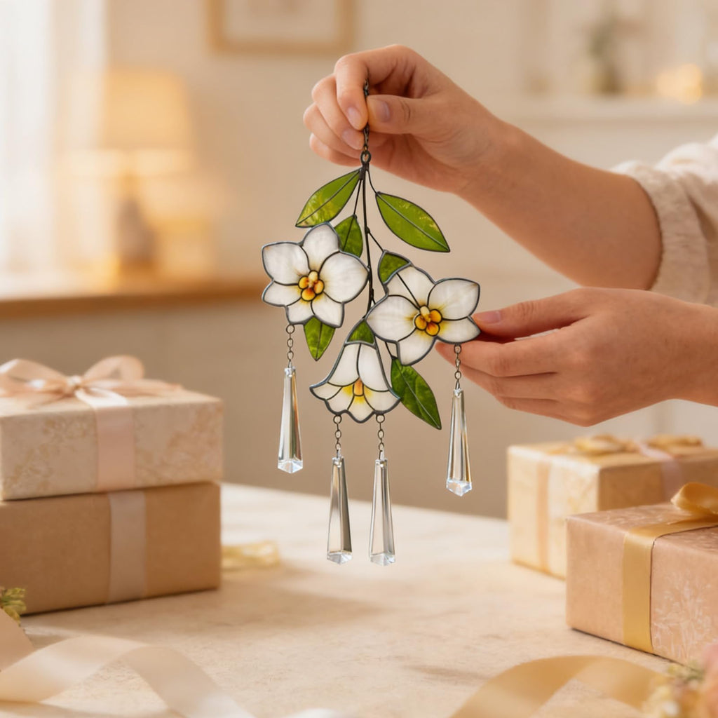 Stained Glass Plumeria Flower Suncatcher, Window Decor with Crystal Prisms